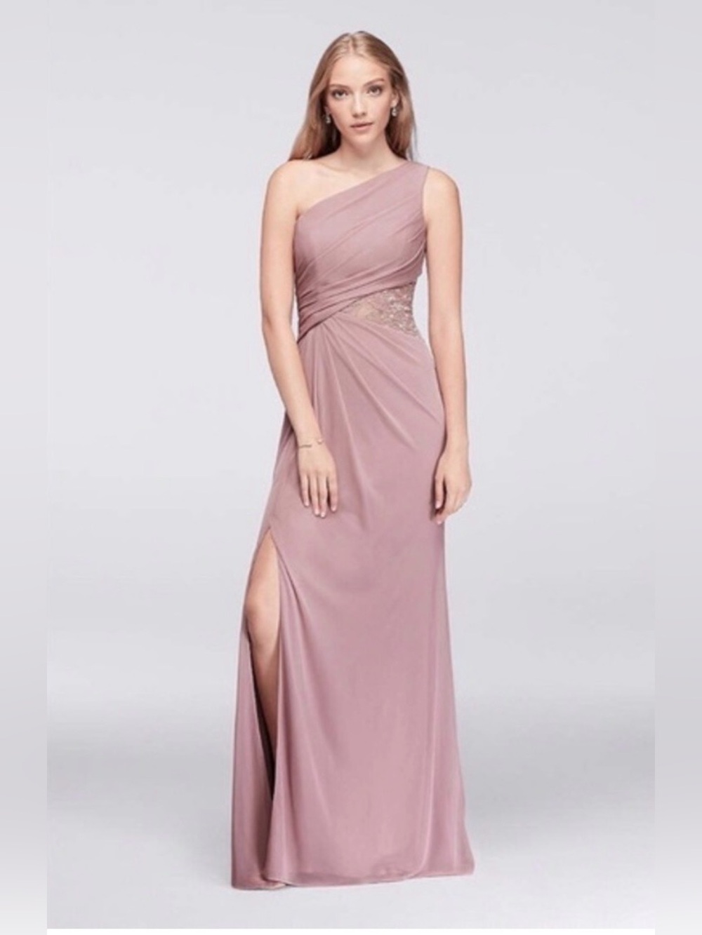 David’s Bridal One-Shoulder Dusty Rose Evening Dress with Side Slit Plus Size 22
